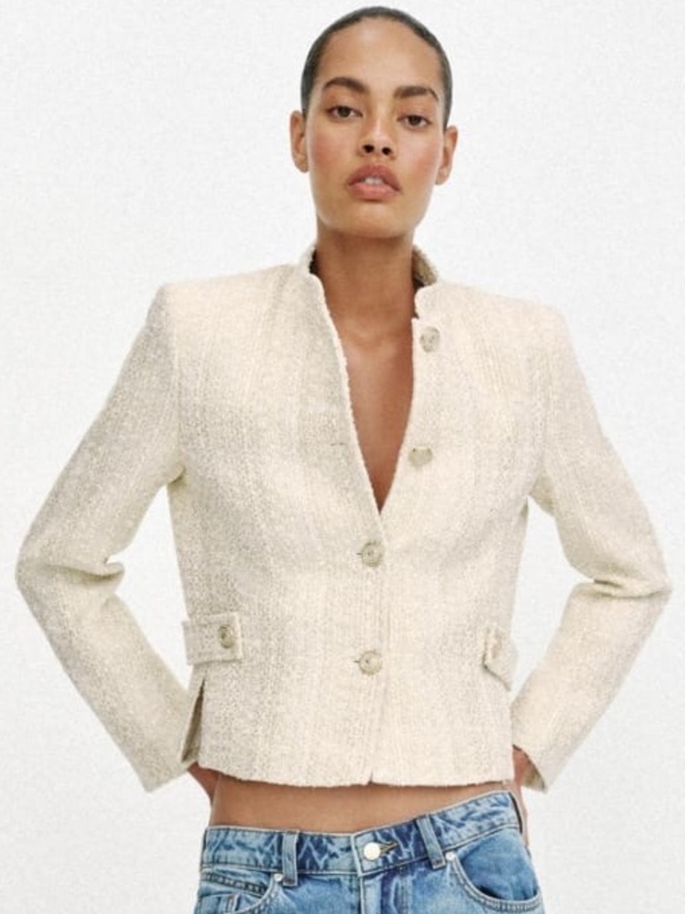 Zara Cropped Tweed Metallic Thread Shoulder Pad Blazer Jacket Ecru